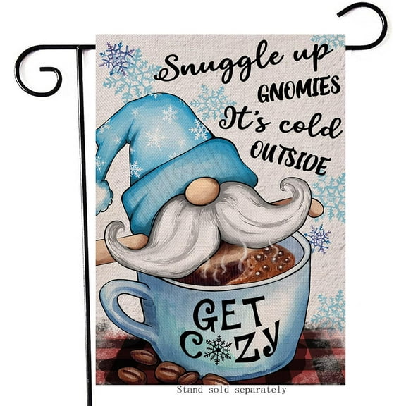 Snuggle Up Gnomies It''s Cold Outside Home Decorative Garden Flag Winter Gnome Plaid House Yard Coffee Bean Cup Snowflake Outside Decor, Christmas Farmhouse Outdoor Small Burlap Decoration 12x18