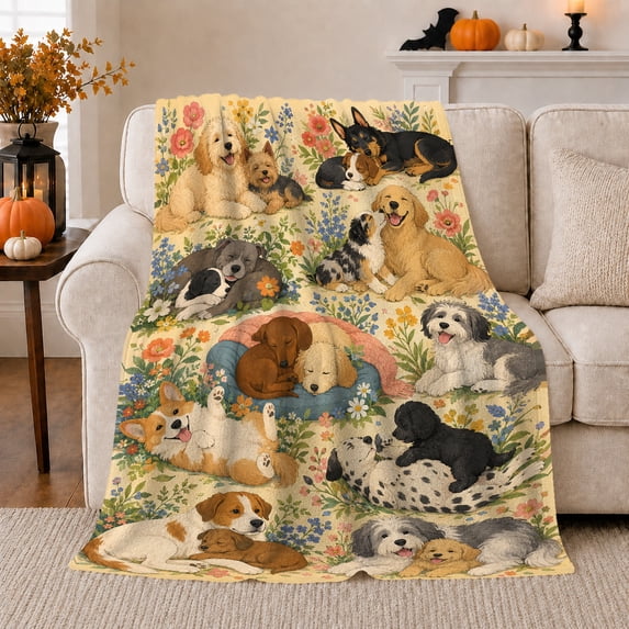Snuggling Dogs Botanical Garden Scene Whimsical, Playful Pet Portrait Pattern, Warm Flannel Blanket for Living Room and Bedroom, Dog Lovers Just Because Gift, Pet Lover Home Decor