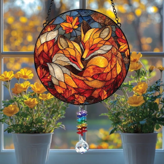 Snuggling Foxes Acrylic Window Hanging Suncatcher, Autumn Leaves Faux Stained Glass Art, Cozy Woodland Animal Decor Gift For Wildlife Lovers