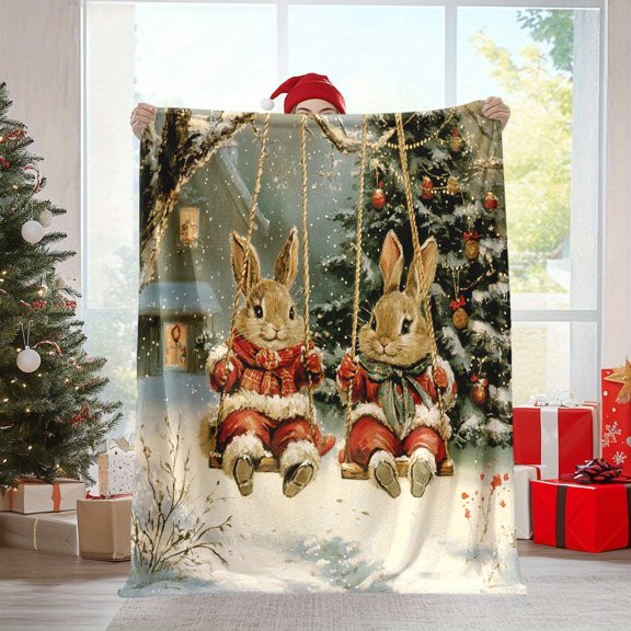 Snuggly, Cozy Christmas Rabbit & Tree Print Flannel Blanket - Soft, Warm Throw for Naps, Camping, Travel, and Home Decor - Perfect Holiday Gift