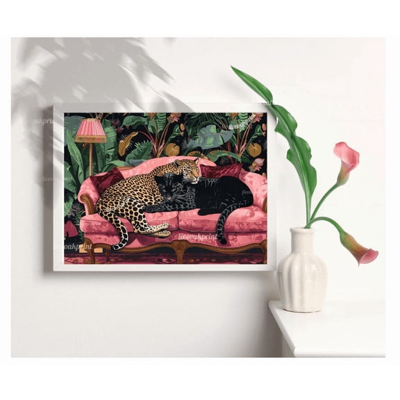 Snuggly Panther And Black Panther In A Vintage Couch Panther Bedroom Maximalist Wall Art Black Panther Poster Panther Wall Art Modern Wall Decor