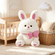 Snuggly Premium Bunny Plush Toys, 13.78 Chubby Sitting White Rabbit Stuffed Animals with Pretty Pink Bow, Comfort Plush Throw Pillows for Baby Shower Indoor Room Decoration