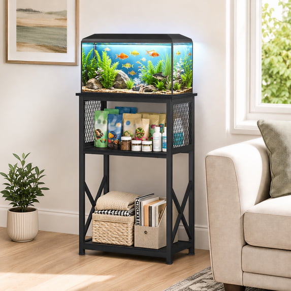 Snughome 10 Gallon Aquarium Stand, 3 Tier Fish Tank Stand with Storage, Heavy Metal Reptile Tank Stand, Holds 220lbs, 20.47" x 11.42" x 30.91", Black
