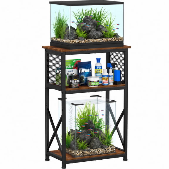 Snughome 10 Gallon Aquarium Stand, 3 Tier Fish Tank Stand with Storage, Heavy Metal Reptile Tank Stand, Holds 220lbs, 20.47" x 11.42" x 30.91", Rustic Brown