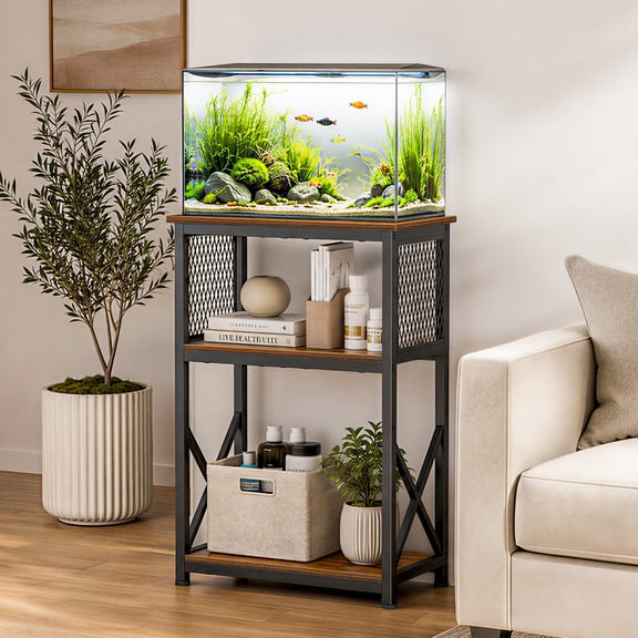 Snughome 10 Gallon Fish Tank Stand, 3 Tier Aquarium Stand with Storage, Heavy Metal Reptile Tank Stand, Holds 220lbs, 20.47" x 11.42" x 30.91", Rustic Brown