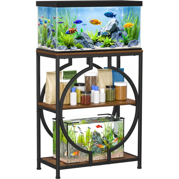 Snughome 20 Gallon Fish Tank Stand, Aquarium Stand with 3 Tier Storage, Heavy Duty Metal Terrarium Stand for Home Office, 24.02" x 11.81" x 30.51", Rustic Brown