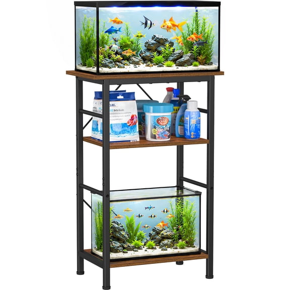 Snughome 5-10 Gallon Aquarium Stand, 3 Tier Fish Tank Stand with Storage, Fish Tank Stand with Metal Frame, Reptile Turtle Tank Stand for Home Office, Rustic Brown