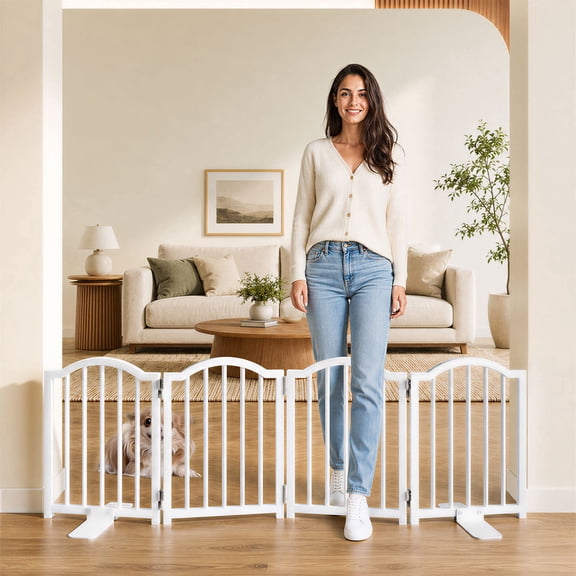 Snughome Short Dog Gate Indoor, 16" High Freestanding Small Dog Door Gates with Support Feet, Expands Up to 48’’ Wide Foldable Pet Gate for Doorway, White
