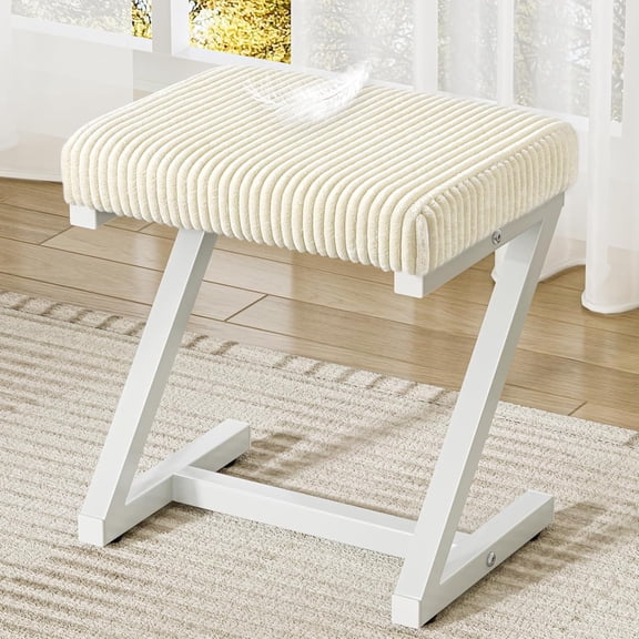 Snughome Square Corduroy Vanity Stool Chair, Makeup Stool with Metal Z Legs, Small Ottoman Stool Chair for Vanity, Small Ottoman Foot Rest for Bedroom, Living Room, White