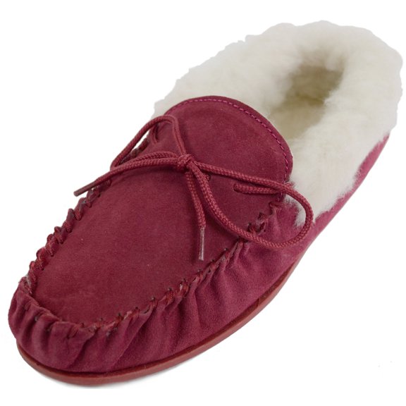 Snugrugs Womens Wool Lined Moccasin Slippers with Rubber Sole & Wool Cuff - Crimson - US 9
