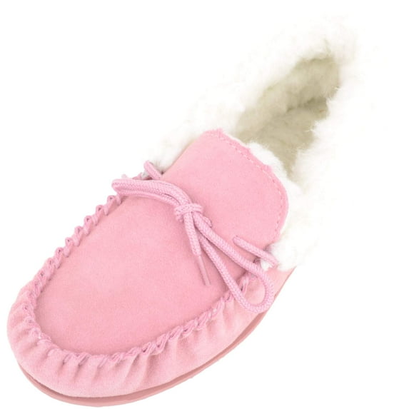 Snugrugs Womens Wool Lined Moccasin Slippers with Rubber Sole & Wool Cuff - Pink - US 10