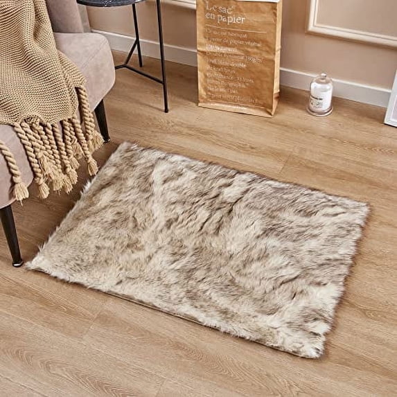 Snugtown Soft Cream with Black Tips Faux Fur Area Rugs, Fuzzy Fluffy Carpet, Shaggy Furry Floor Mat for Living Room Bedroom Bedside, 2 x 3 feet