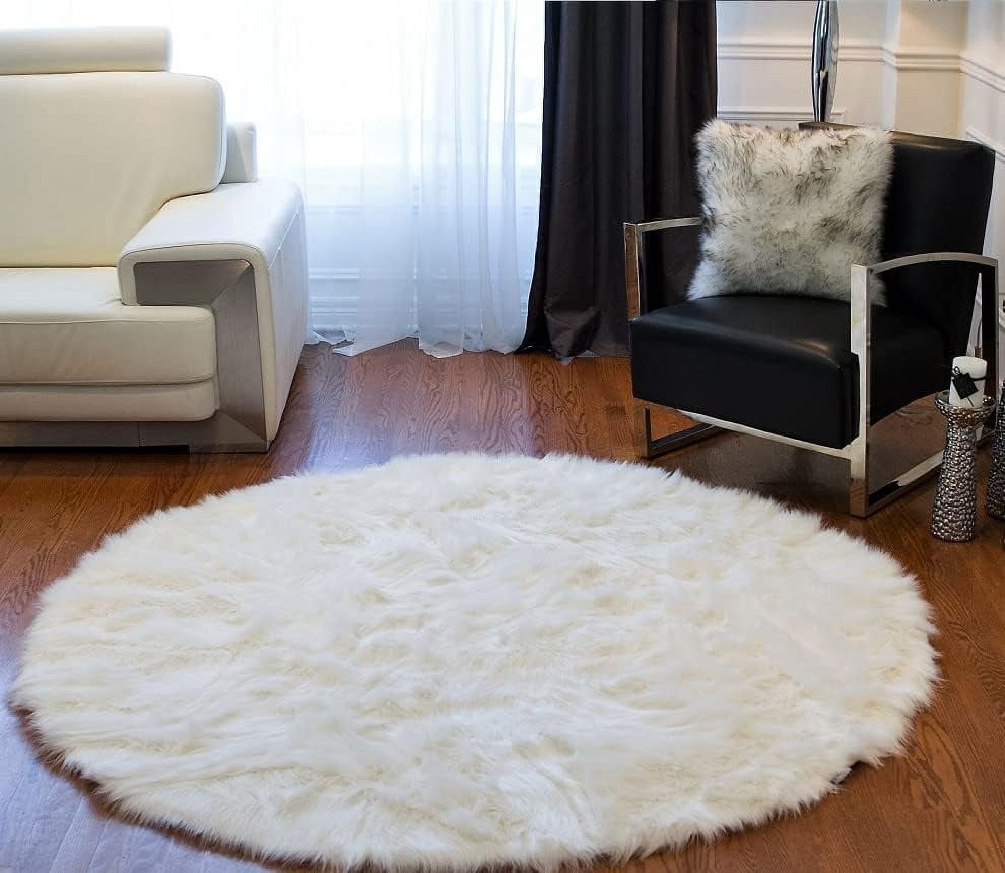 Round Rug Fuzzt Snugtown Super Soft Faux Fur Area Rug, 6x6 ft Round, White Fuzzy Shaggy ...
