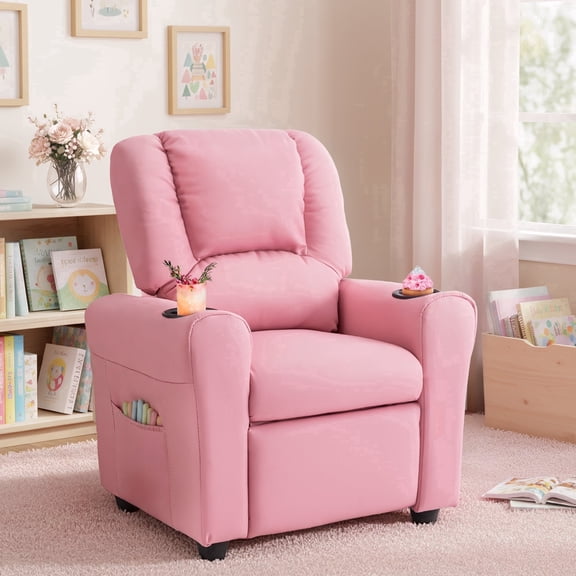 Snugway Kids Recliner Chair, Faux Leather Toddler Armchair with 2 Cup Holders & Side Pocket, Light Pink, 90lbs Capacity for 1+ Years Old