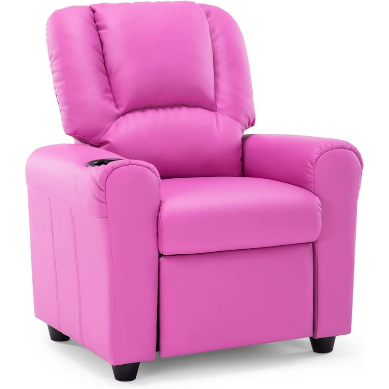 Snugway Contemporary Leather Kids Recliner with Cup Holder and Headrest Pink