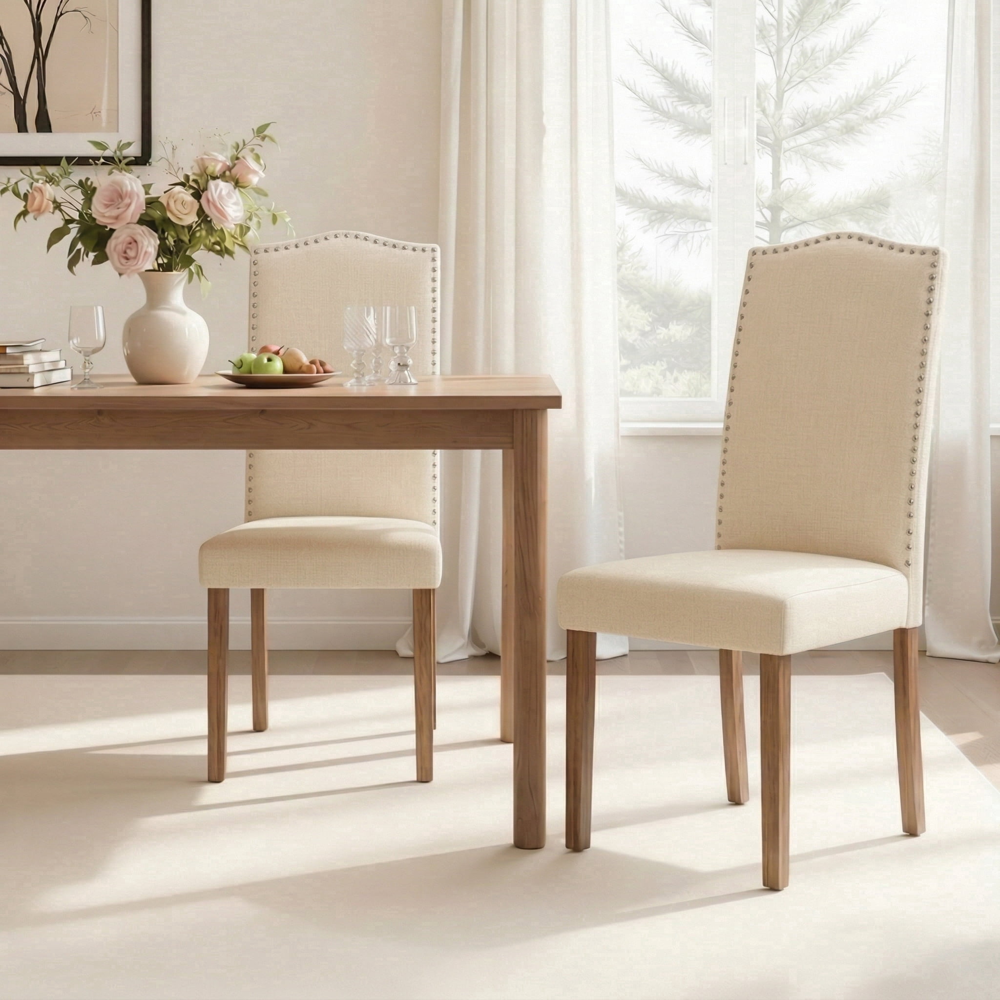 Snugway Dining Chair Beige Upholstered Parson Chair with Nailhead Trim, Set of 2