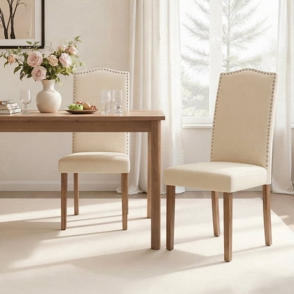Snugway Dining Chair Beige Upholstered Parson Chair with Nailhead Trim, Set of 2