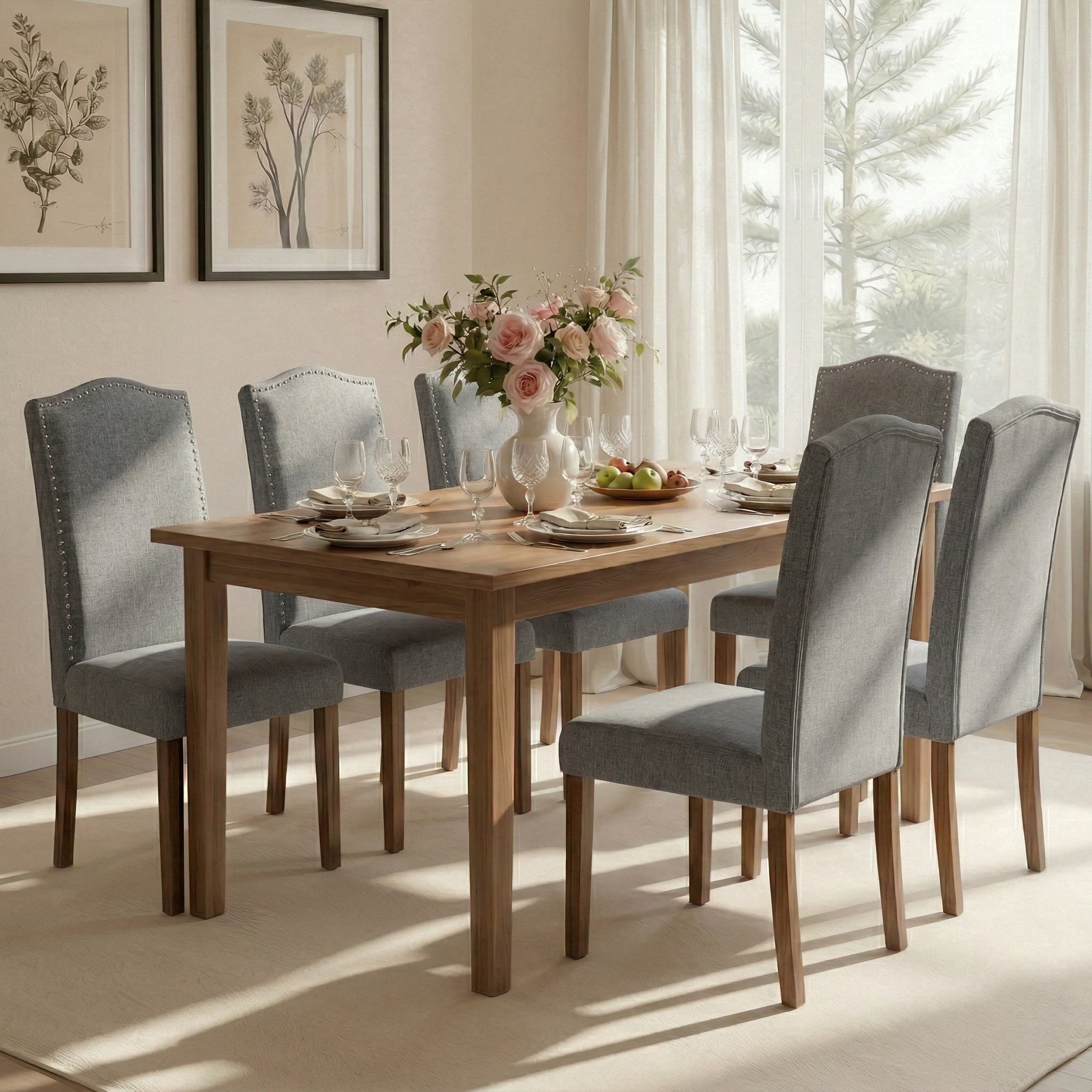 Snugway Dining Chair Grey Upholstered Parson Chair with Nailhead Trim, Set of 6