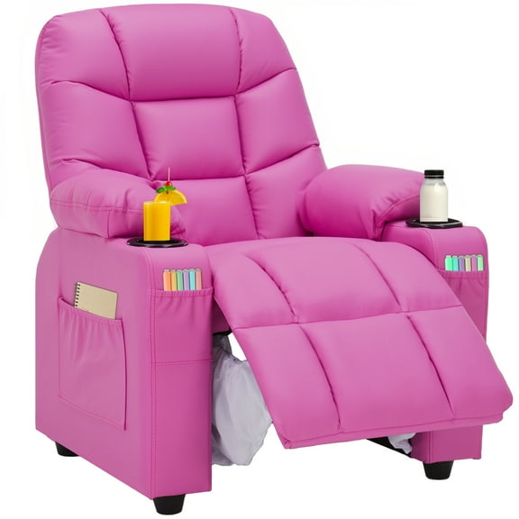 Snugway Kids Recliner - Adjustable Leather Chair with Cup Holders, Footrest & Side Pockets - Perfect for Boys & Girls,Pink