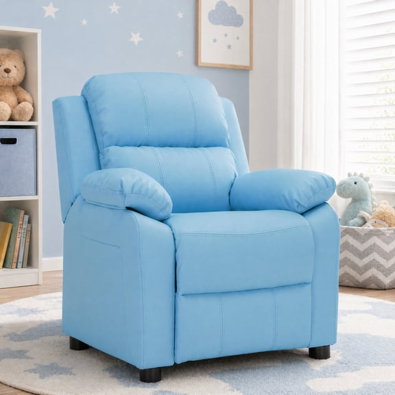 Snugway Kids Recliner,Kids Ages 2-7,Faux Leather Armrest Storage and Footrest,Blue