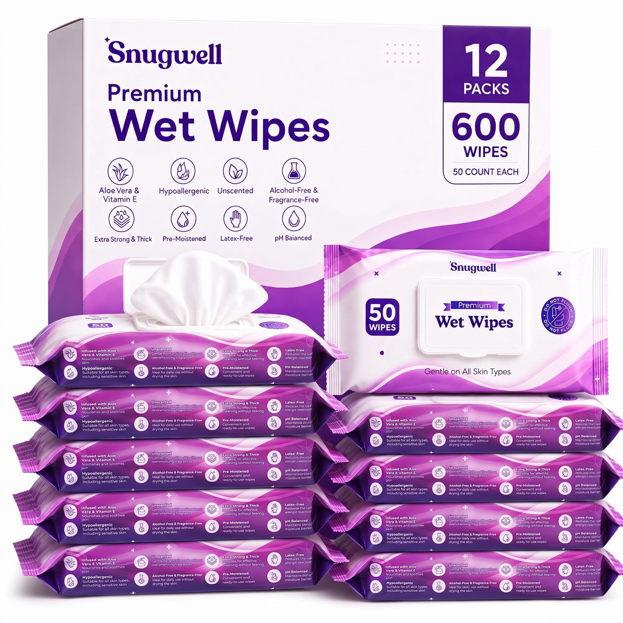 Snugwell Adult Wipes, Unscented Personal Care & Cleansing Wipes, 600 Count