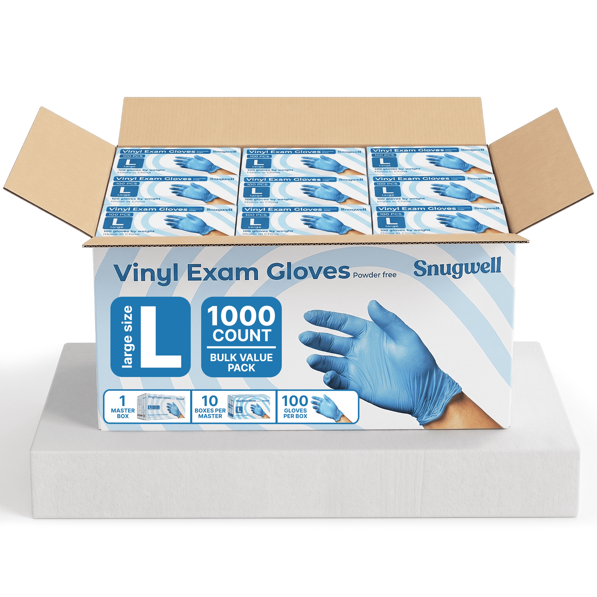 Snugwell Vinyl Gloves Latex-Free & Powder-Free Disposable Gloves (Large) 1000 Count