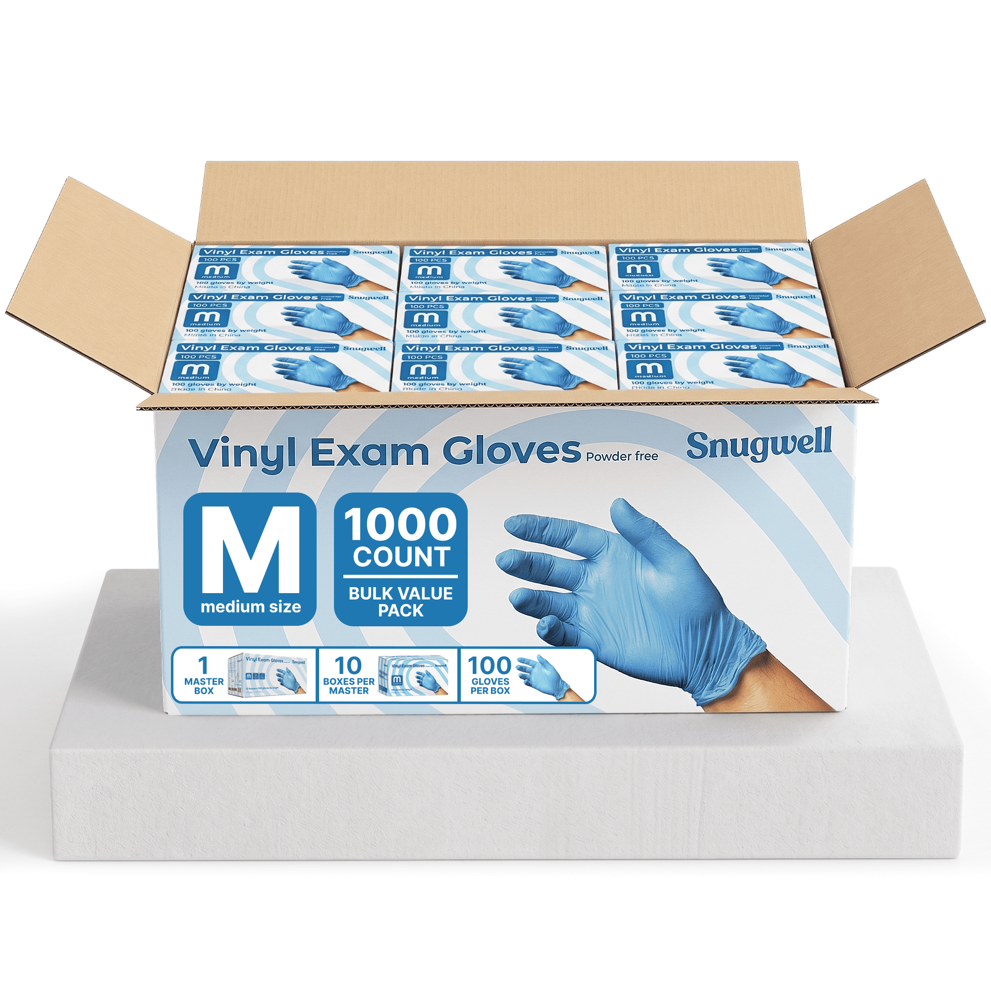 Snugwell Vinyl Gloves Latex-Free & Powder-Free Disposable Gloves (Medium) 1000 Count