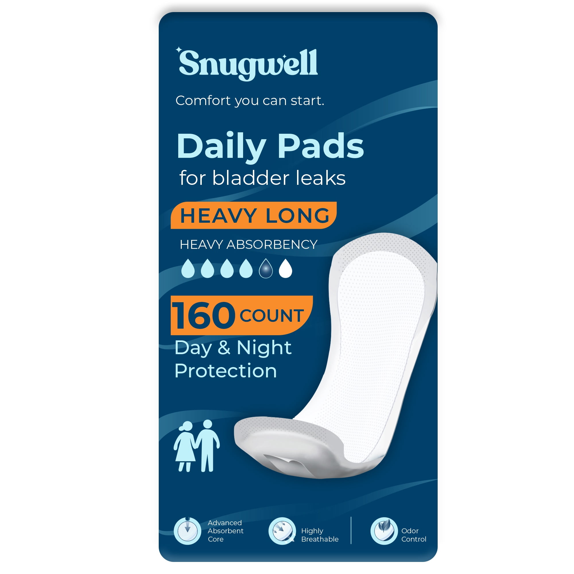 Snugwell Daily Pads Long for Bladder Leaks, Heavy Absorbency, 13 Inch, 160 Count