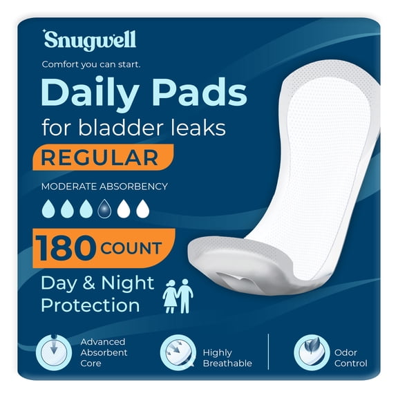 Snugwell Daily Pads for Bladder Leaks, Heavy Absorbency, 9.25 Inch, 180 Count
