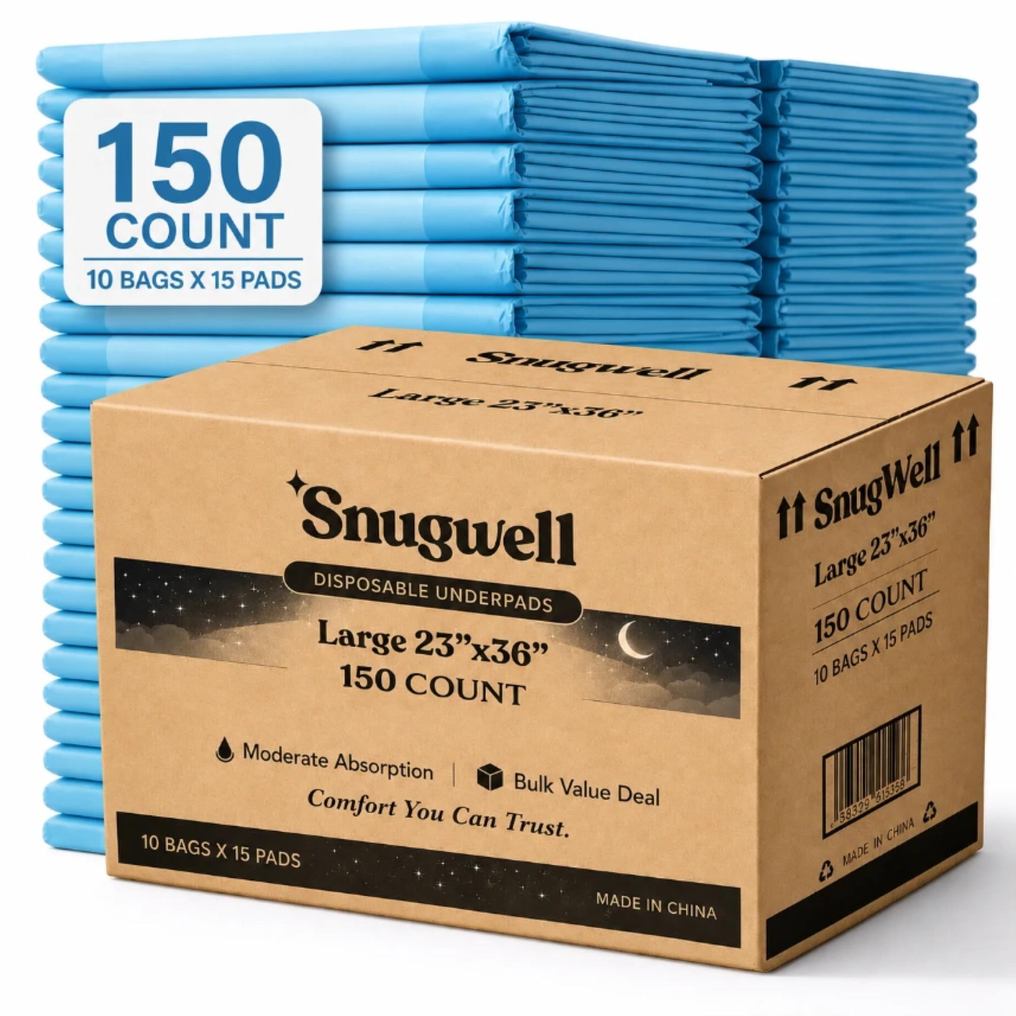 Snugwell Human-Grade Blue XXL Underpads, 150 Count, 23 x 36