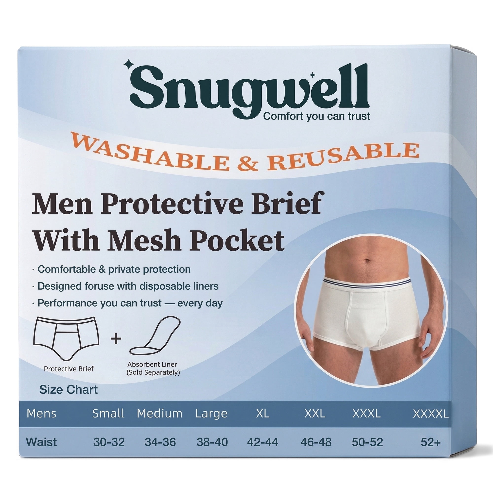 Snugwell Men’s Incontinence Washable Underwear, Mesh Pocket Briefs, XXL, 15 Count