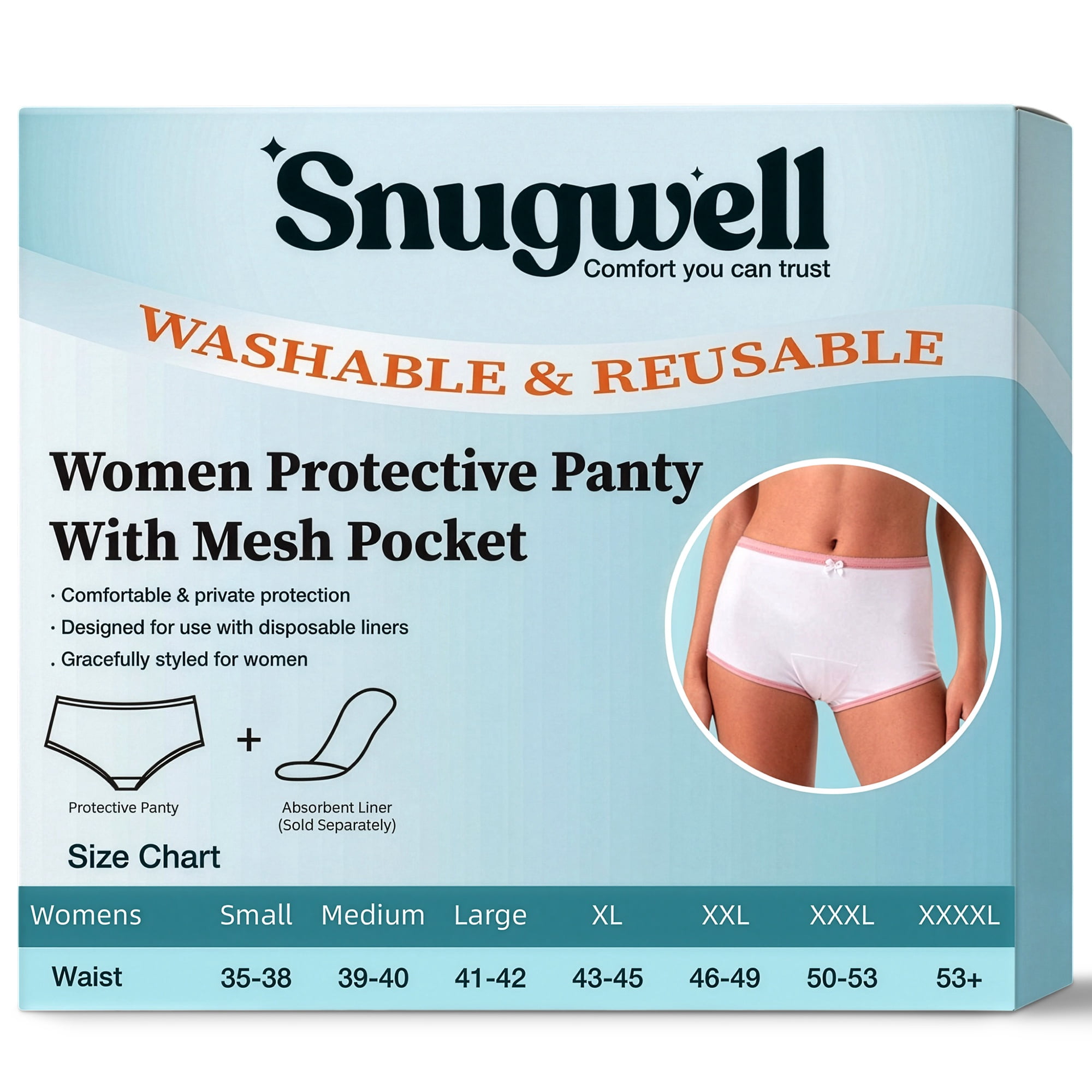 Snugwell Women Incontinence Washable Underwear, Mesh Pocket Panty, M, 15 Count