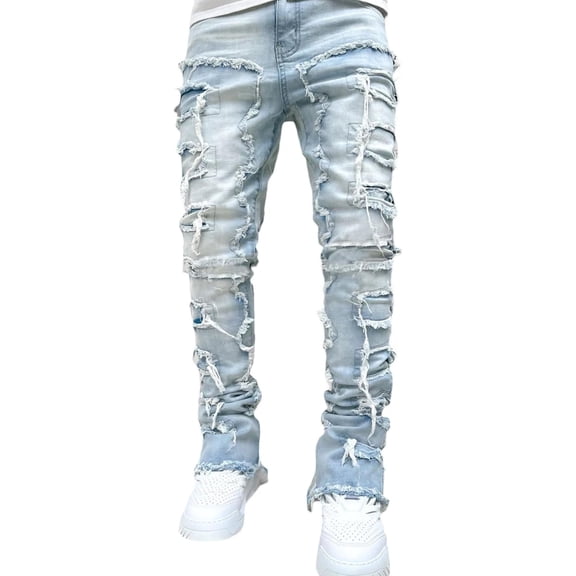 Snullo Men's Ripped Jeans, Layered Patch Design, Slim Stretch Fit, Distressed Denim with Straight Cut, Urban Street Style