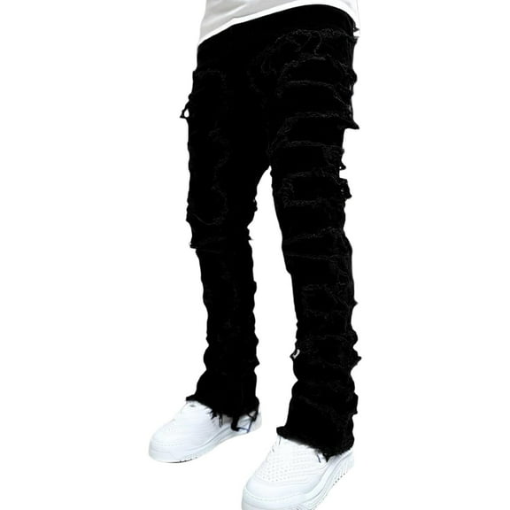 Snullo Men's Ripped Jeans, Layered Patch Design, Slim Stretch Fit, Distressed Denim with Straight Cut, Urban Street Style