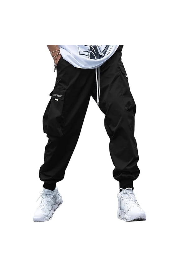 Men's Street Hip Hop Pants, Multi-Pocket Cargo Joggers with Drawstring Ankles, Casual Trousers
