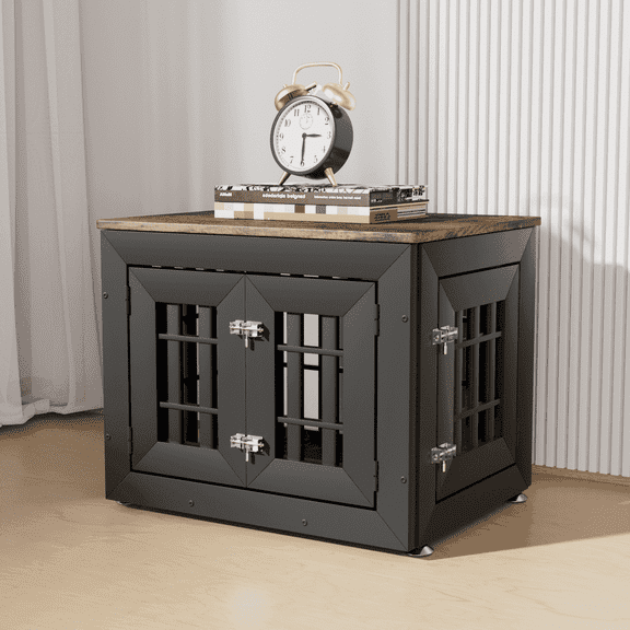 Snuowu 26" Heavy Duty Dog Crate Furniture for Small,Medium and Large Dogs,Rustic Wooden Dog Cage Kennel Indoor Furniture with Waterproof Top,Decorative Pet House Side End Table (Black & Wood)