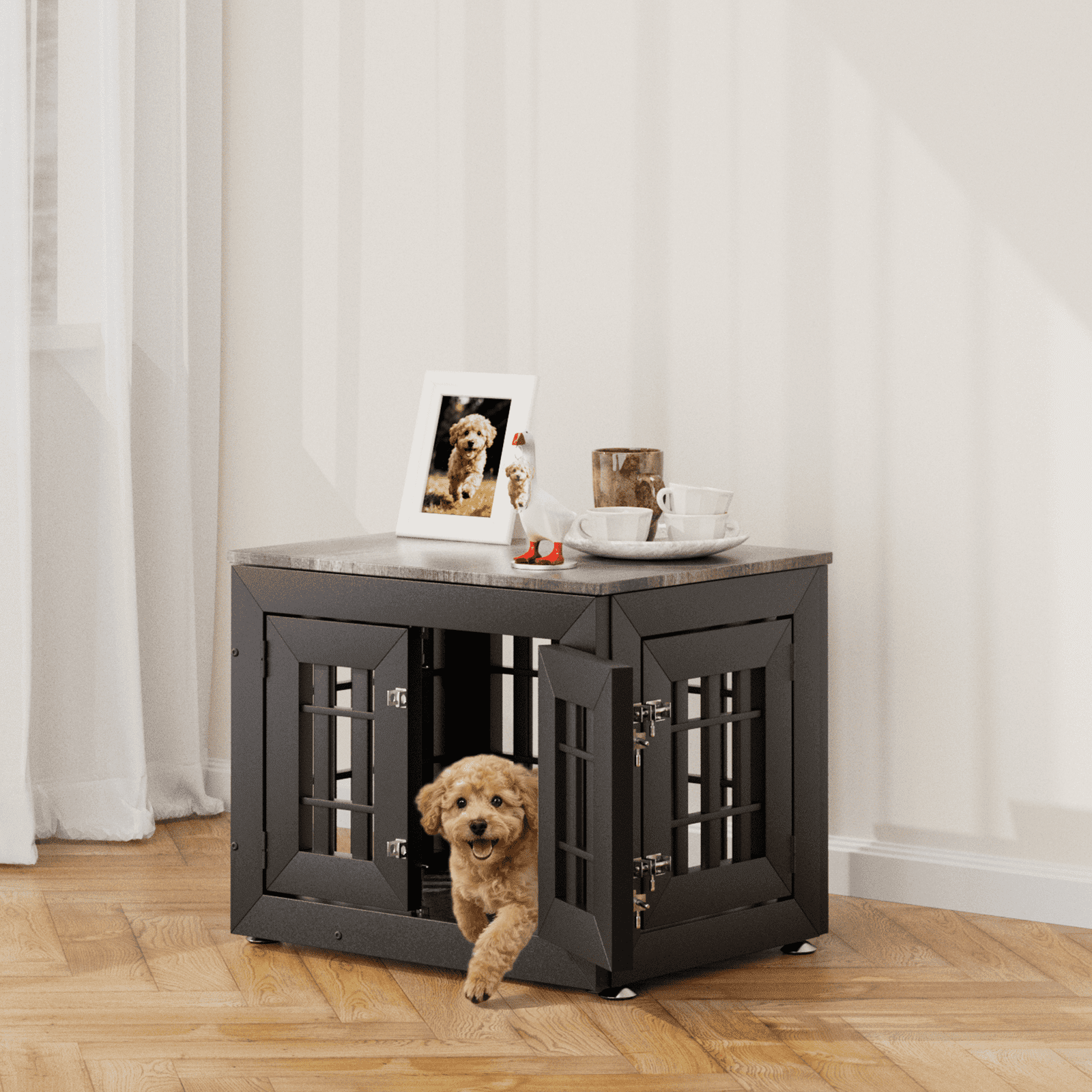Snuowu 26" Heavy Duty Dog Crate Furniture for Small,Medium and Large Dogs,Rustic Wooden Dog Cage Kennel Indoor Furniture with Waterproof Top,Decorative Pet House Side End Table (Black & Grey)