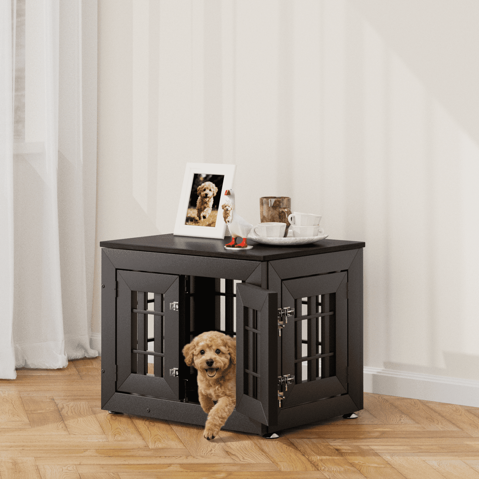 Snuowu 26" Heavy Duty Dog Crate Furniture for Small,Medium and Large Dogs,Rustic Wooden Dog Cage Kennel Indoor Furniture with Waterproof Top,Decorative Pet House Side End Table (Black)