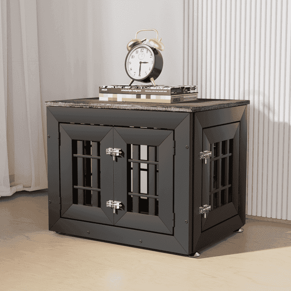 Snuowu 26" Heavy Duty Dog Crate Furniture for Small,Medium and Large Dogs,Rustic Wooden Dog Cage Kennel Indoor Furniture with Waterproof Top,Decorative Pet House Side End Table (Black & Grey)