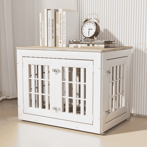 Snuowu 32" Heavy Duty Dog Crate Furniture for Small,Medium and Large Dogs,Rustic Wooden Dog Cage Kennel Indoor Furniture with Waterproof Top,Decorative Pet House Side End Table (White & Wood)
