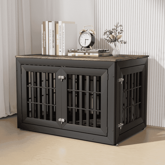 Snuowu 42" Heavy Duty Dog Crate Furniture for Small,Medium and Large Dogs,Rustic Wooden Dog Cage Kennel Indoor Furniture with Waterproof Top,Decorative Pet House Side End Table (Black & Wood)