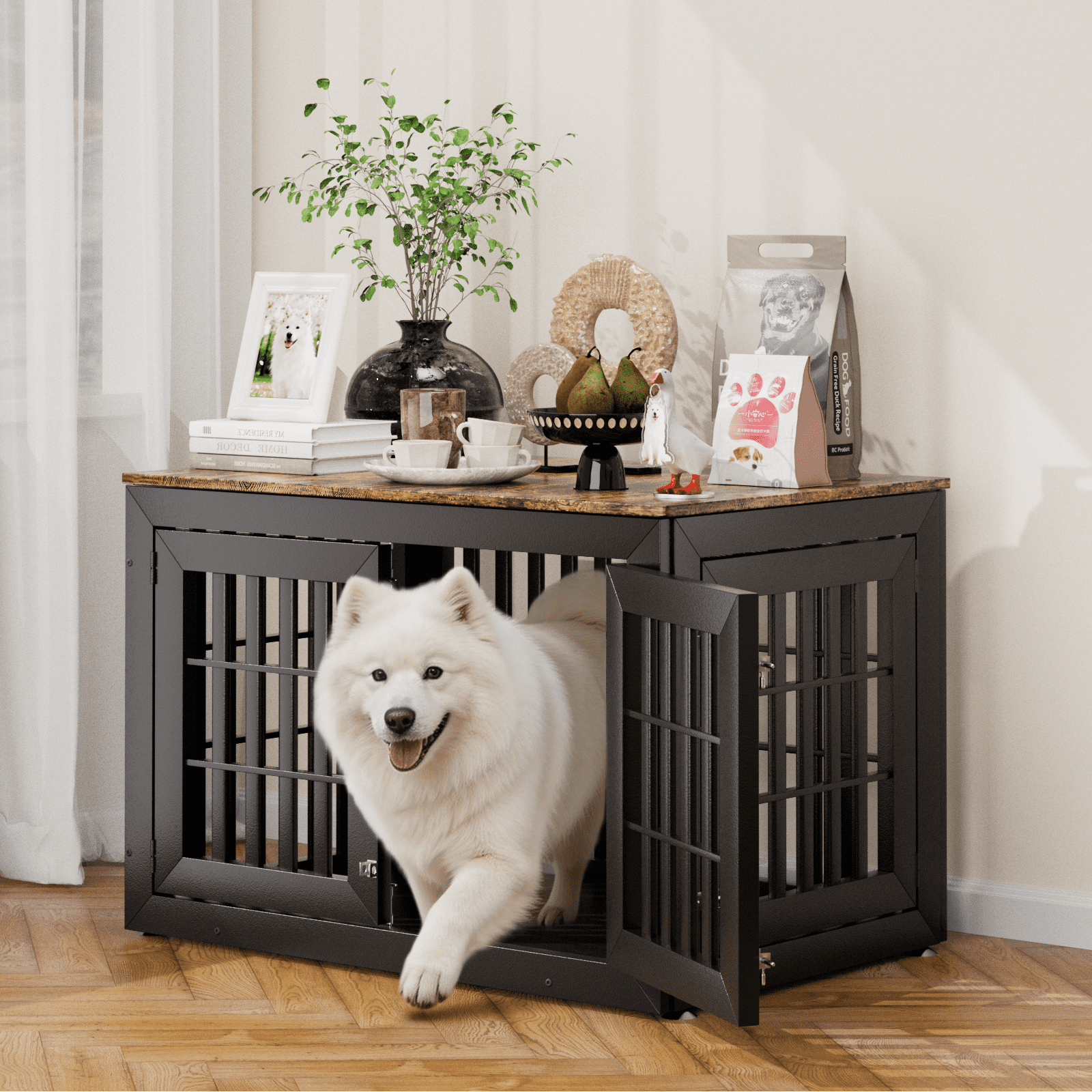 Snuowu 42" Heavy Duty Dog Crate Furniture for Small,Medium and Large Dogs,Rustic Wooden Dog Cage Kennel Indoor Furniture with Waterproof Top,Decorative Pet House Side End Table (Black & Wood)