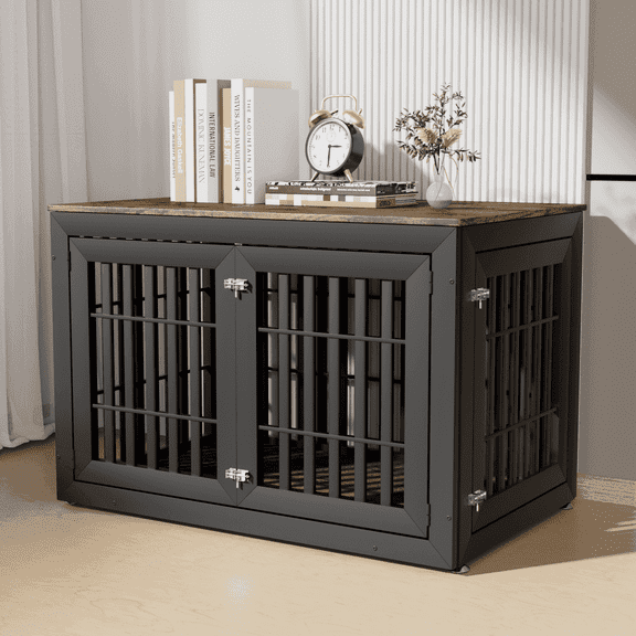 Snuowu 48" Heavy Duty Dog Crate Furniture for Small,Medium and Large Dogs,Rustic Wooden Dog Cage Kennel Indoor Furniture with Waterproof Top,Decorative Pet House Side End Table (Black & Wood)