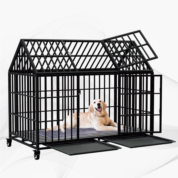Snuowu 54 Inch Heavy Duty Dog Crate Large Dog cage Strong Metal Dog Kennels and Crates for Large Dogs Top Open with Wheels 2 Removable Trays