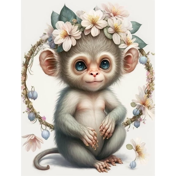 Snuqevc Adult 5D Baby Monkey with Wreath Diamond Painting Kits, DIY Cute Animal Diamond Art Painting Kit for Home Room Decor Wall Decor Diamond Cross Stitch Artwork