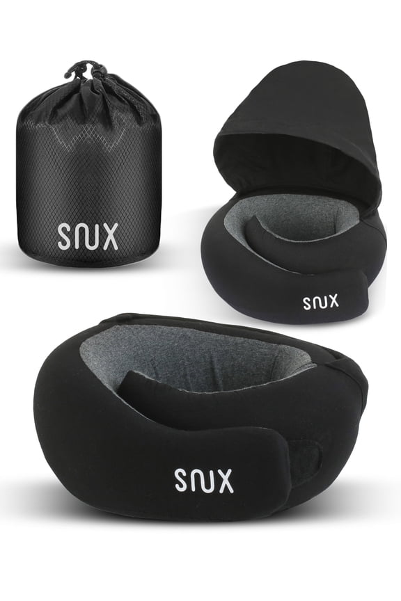 Travel Neck Pillow with Hood - 360 Neck Support - Memory Foam - Hooded Travel Pillow (Black)