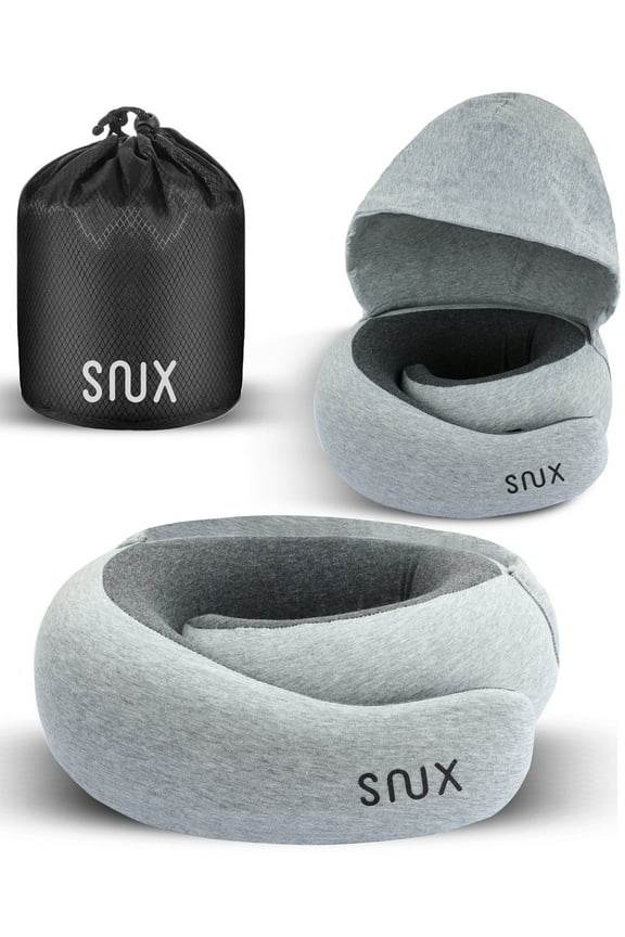 Travel Neck Pillow with Hood - 360 Neck Support - Memory Foam - Hooded Travel Pillow (Gray)