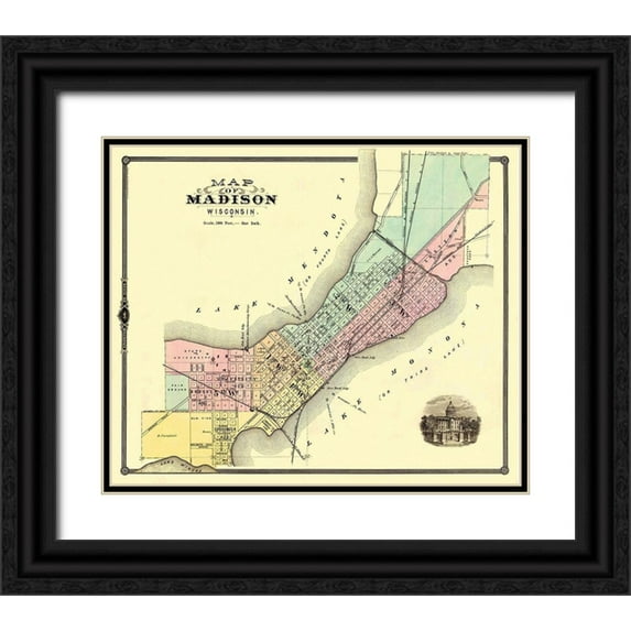 Snyder 31x26 Black Ornate Wood Framed with Double Matting Museum Art Print Titled - Madison Wisconsin - Snyder 1878