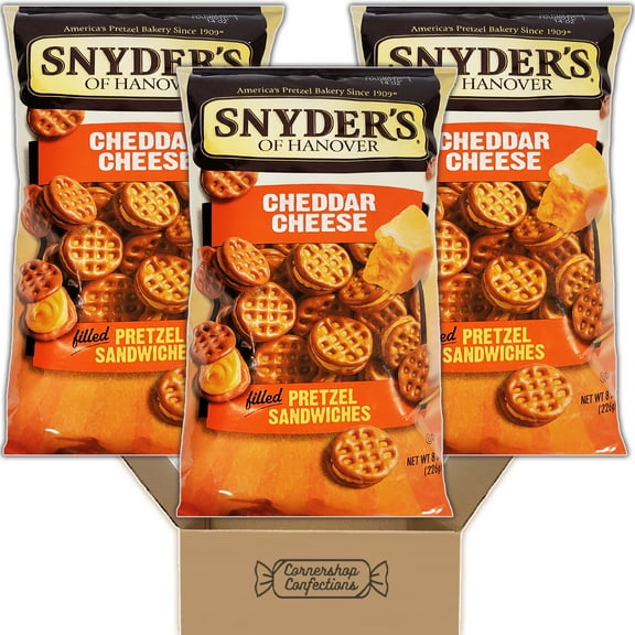 Snyder Pretzels Bulk Pack - Cheddar Cheese Filled Pretzel Sandwiches - 3 Individually Sealed 8 Ounce Bags - For On The Go Snacks, Lunches, Movie Nights and More in Cornershop Confections Pack