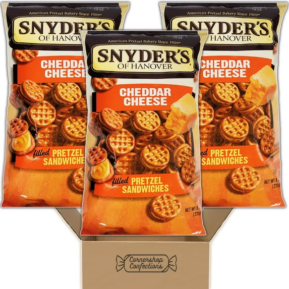 Snyder Pretzels Bulk Pack - Cheddar Cheese Filled Pretzel Sandwiches - 3 Individually Sealed 8 Ounce Bags - For On The Go Snacks, Lunches, Movie Nights and More in Cornershop Confections Pack